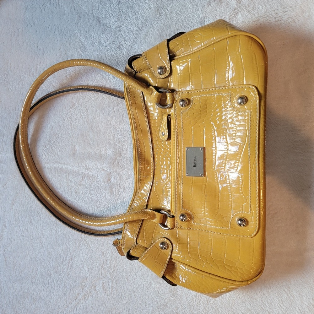 liz&co. Yellow Patent Croc Embossed Satchel Top Handle Double Handles Zip Bag
